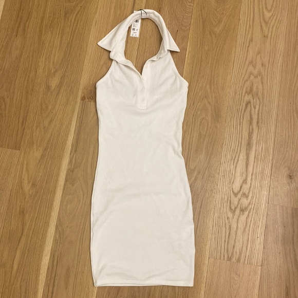 white dress square neck White Linen Square Neckline Mini Dress M